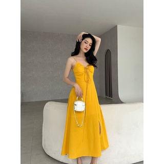 COLUS - Đầm linen vàng phối dây nhiều kiểu