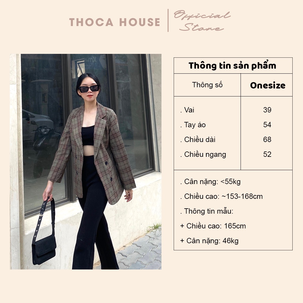 Vest nữ blazer túi mổ nút caro nâu THOCA HOUSE chuẩn form vải cao cấp, hàng may thiết kế
