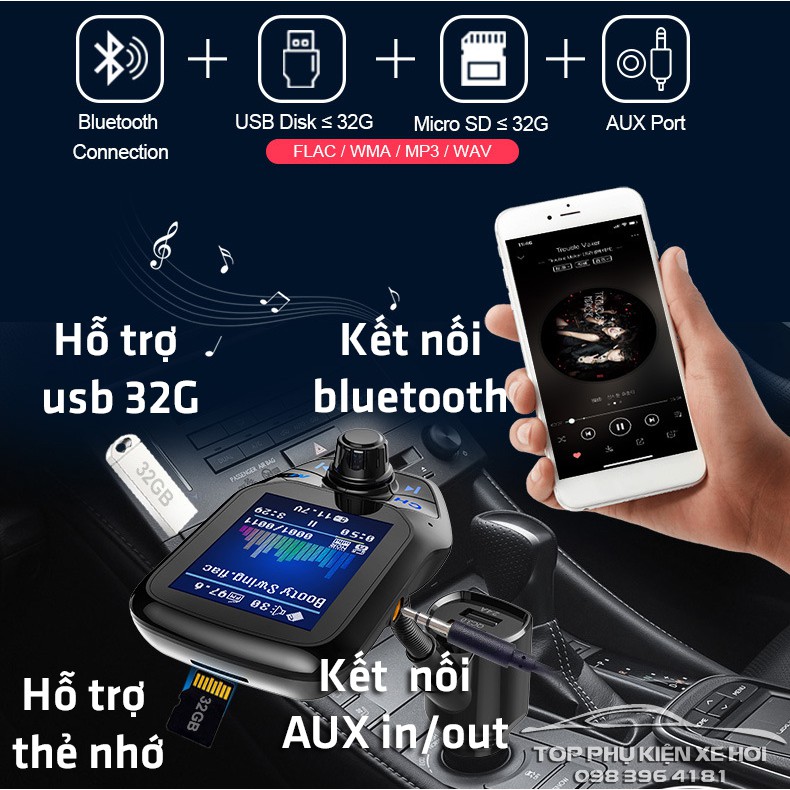 Tẩu nghe nhạc bluetooth T43 màn hình màu, AUX in/out, nhạc lossless