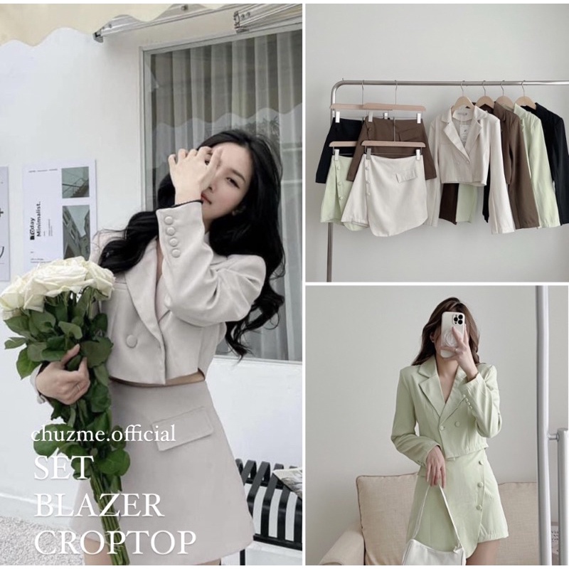 Set áo blazer dài tay dáng croptop và quần váy chữ A cúc bọc vạt lệch