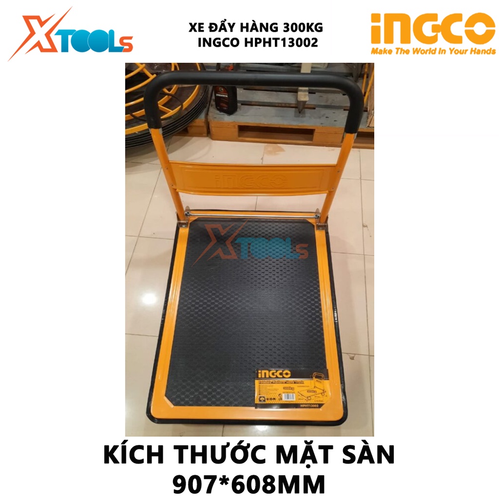 Xe đẩy hàng 4 bánh gấp gọn INGCO HPHT13002 xe đẩy kéo hàng 820x195x907x608mm, Khả năng tải 300 kg, tay cầm thép bền, êm