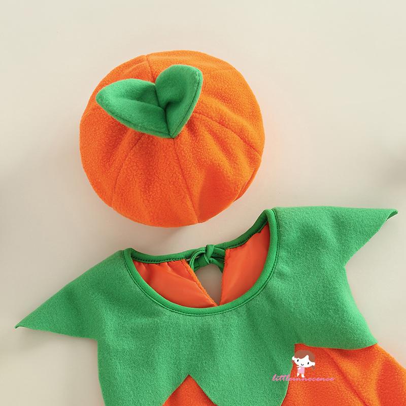 Set Áo Liền Quần + Mũ + Giày Không Tay Hình Bí Ngô Cho Bé
