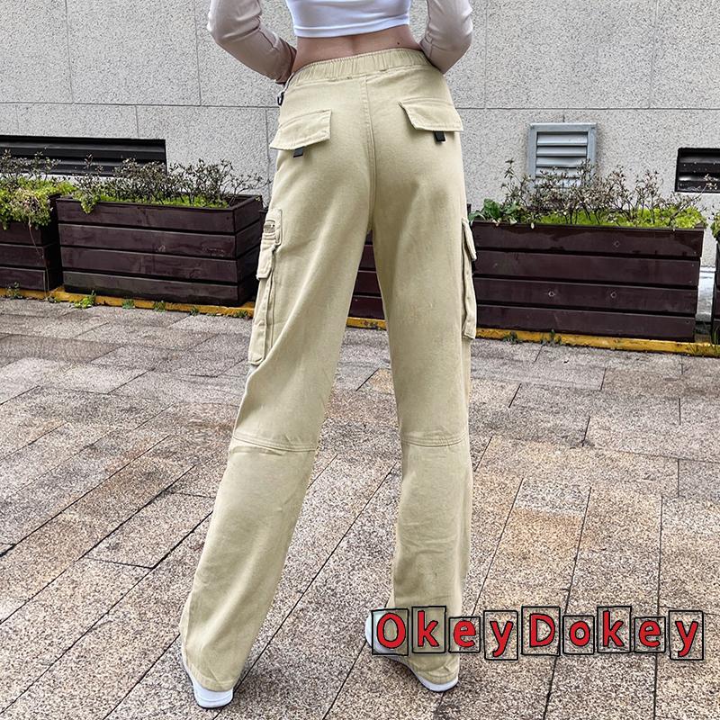 OKDK-Quần denim lưng cao nhiều túi màu trơn thời trang cho nữ