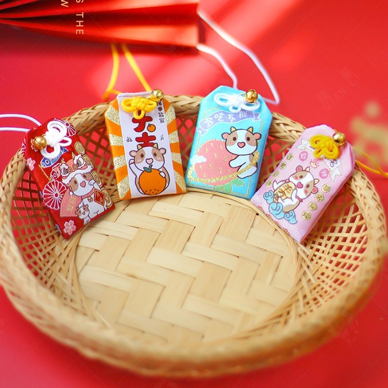 Túi Phước May Mắn Omamori Họa Tiết Con Trâu Bọc Vỏ Silicon tặng Đá Ngũ Sắc 2021