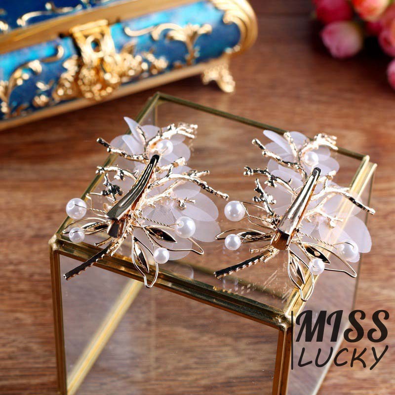 Set kẹp tóc hình chuồn chuồn đính hoa và ngọc trai độc đáo