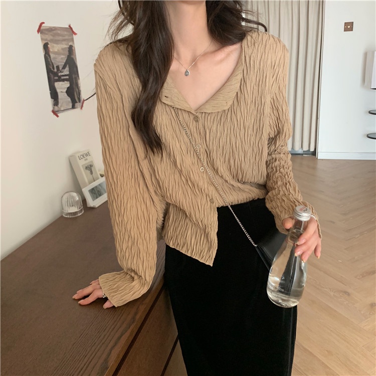 Áo sơ mi Xiaozhainv cho nữ tay dài xếp ly thời trang Hàn Quốc xinh xắn