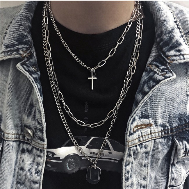 Dây chuyền nhiều lớp mặt thánh giá phong cách retro Âu Mỹ cá tính thời trang cho nam và nữ