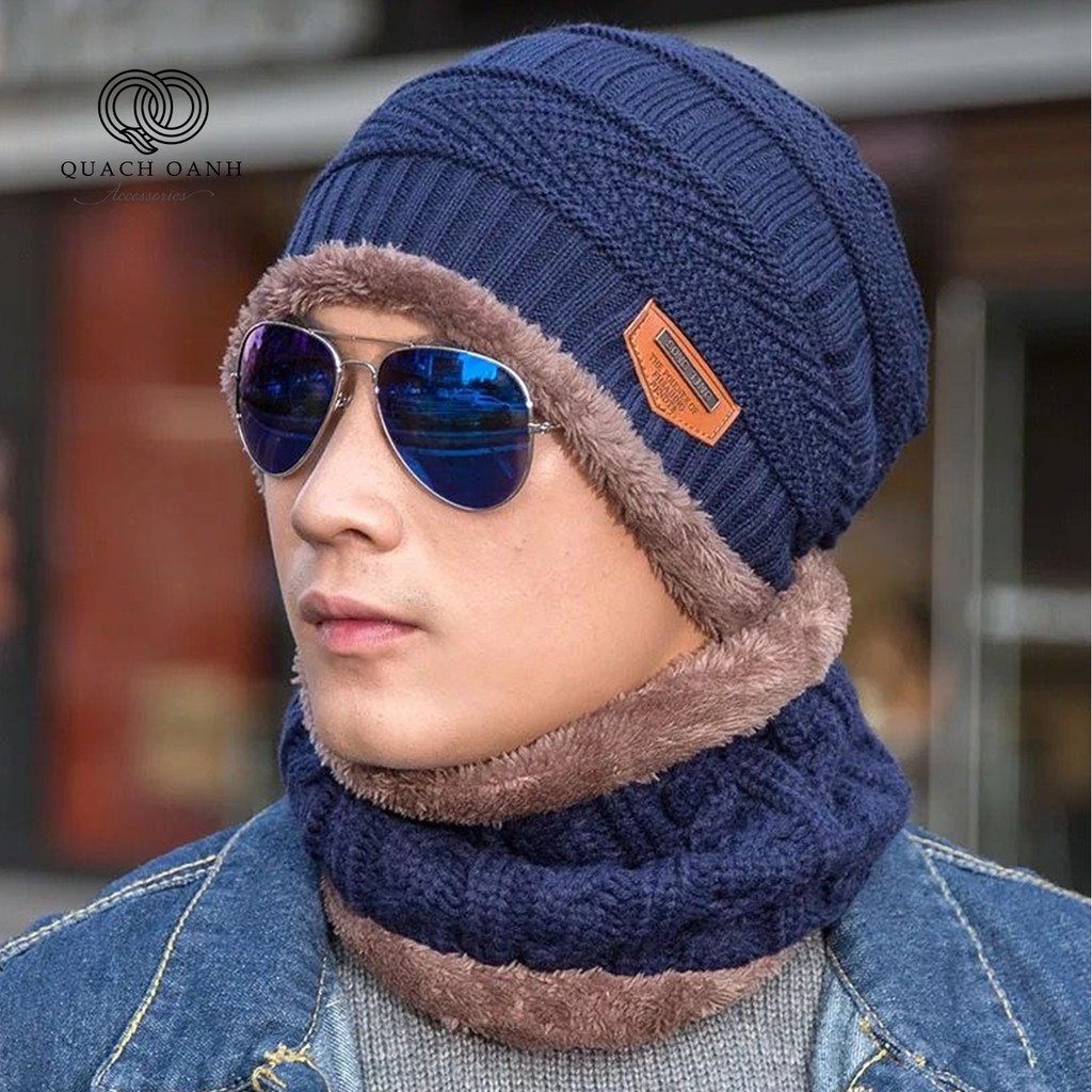Set khăn kèm mũ len viền lông unisex ấm áp ML05