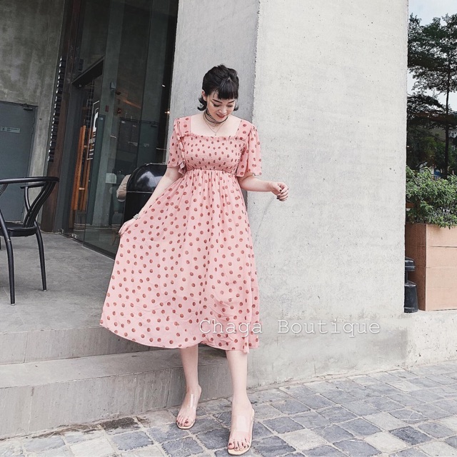 VÁY MAXI CHẤM BI HỒNG