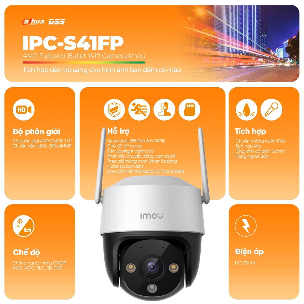 Camera Wifi IMOU ngoài trời màu ban đêm, Xoay 360 độ, CRUISER 2MP 4MP IPC S42FP, S41FP S21FP S22FP BH 24 Tháng