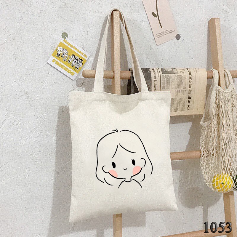 Túi Tote Trắng Chất Vải Canvas 1053 Cô Gái Má Hồng Dễ Thương Hàng Chuẩn Đẹp - Hazo