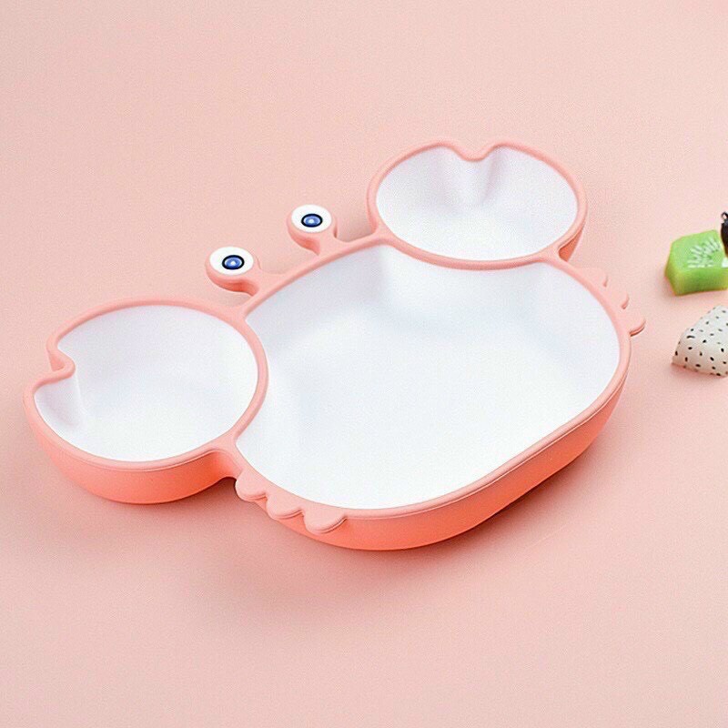 Khay ăn dặm chống đổ silicon hình cua cho bé có đế hút kèm hộp đựng xịn xò kt 15x23x3.5 cm