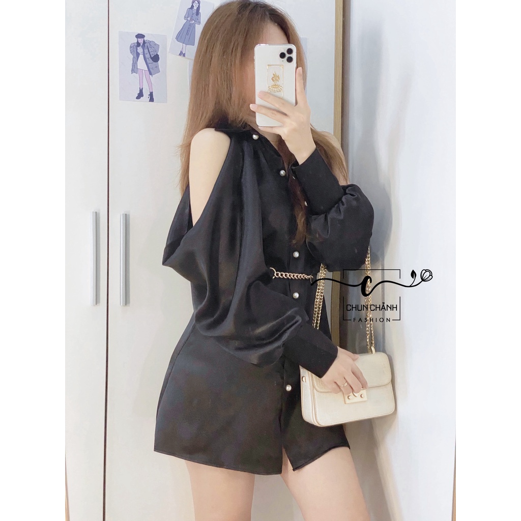 Áo sơ mi xẻ vai cách điệu kèm belt ( Hình thật)