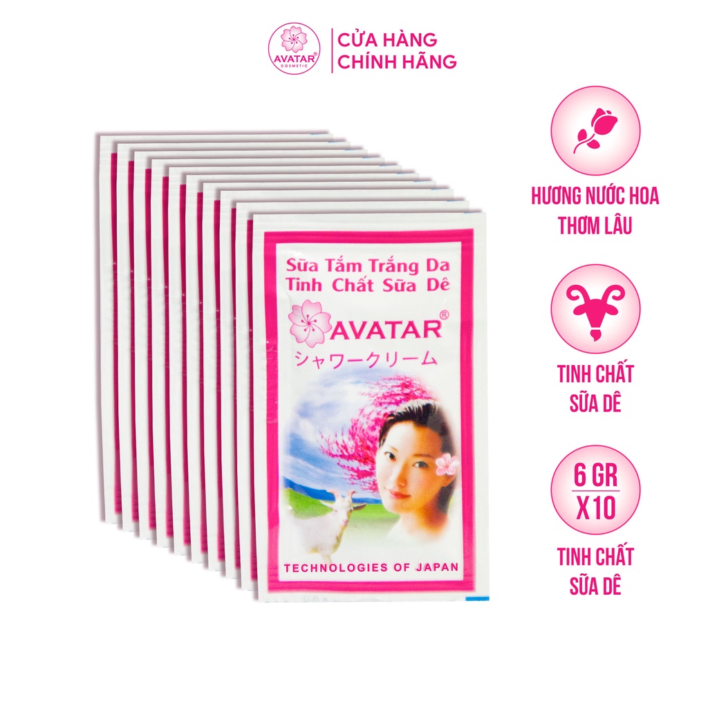 Sữa Tắm Sữa Dê Goat Milk Avatar Trắng Da Mịn Màng, Hương Nước Hoa Nhật Dây 12 Gói 6g (5ml)