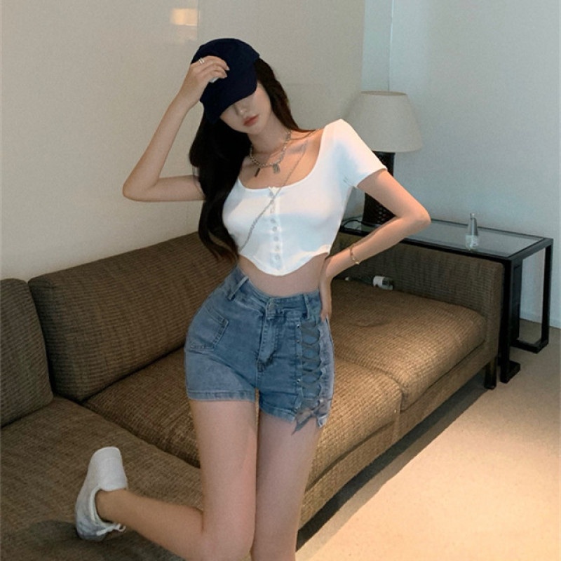 Quần Short Denim Lưng Cao Dáng Ôm Cột Dây Phối Dây Rút Thời Trang Mùa Hè Cá Tính