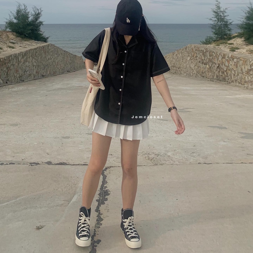 Áo Sơ Mi Nữ Cộc Tay Form Rộng Chỉ Viền JEM CLOSET Sơ Mi Trơn Basic Cổ V 1 Túi Ngực Màu Đen Màu Trắng TIDO 10107