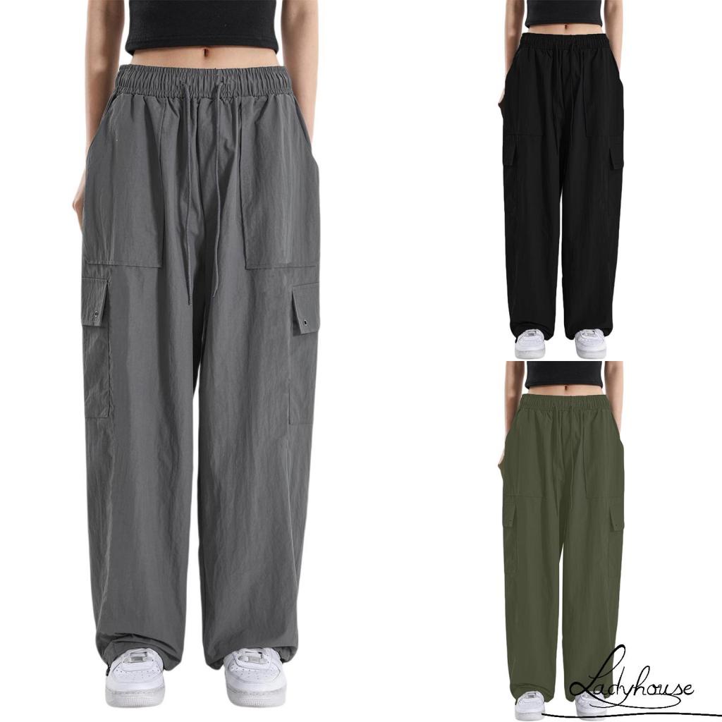Quần Dài Dáng Suông Lưng Thấp Có Túi Bên Hông Màu Trơn Thời Trang Cho Nữ