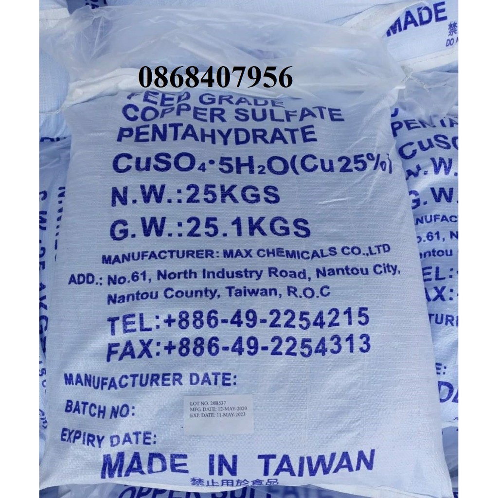 Đồng sulphate  - cuso4 dùng trong nuôi trồng thuỷ sản Xuất xứ: Đài Loan 25kg/bao