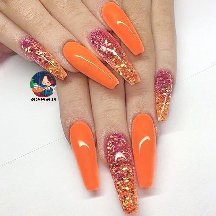 Móng Giả - Nail Siêu Dài [Đóng Hộp 24 Chiếc Đủ Size - Sẵn Keo Và Dụng Cụ] Cam Kim Tuyến JP1171