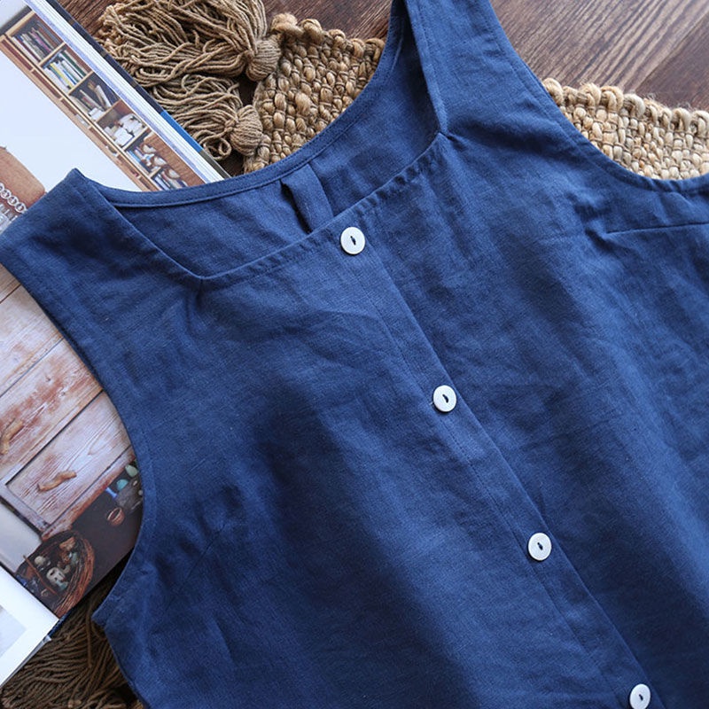 Áo Thun Sát Nách 100% Cotton Nguyên Chất Dáng Rộng Cài Nút Thời Trang Mùa Hè Cho Nữ