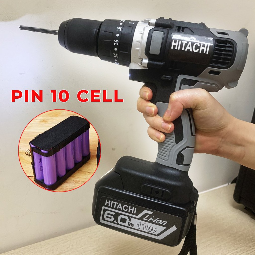 Máy Khoan Pin HITACHI 118V 2 Pin, Tặng Bộ 22 Phụ Kiện, Động Cơ Không Chổi Than, Đầu Auto Lock 13mm