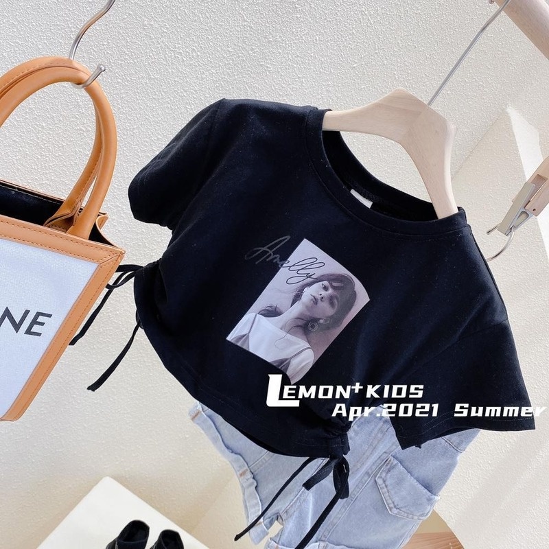 Áo Thun Cotton Ngắn Tay Lưng Cao Phối Dây Rút Thời Trang Cho Bé Gái