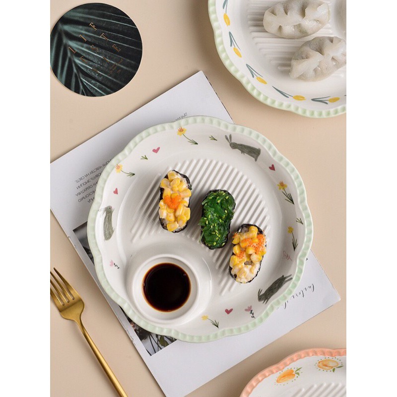 Khay sứ miệng lượn kèm chấm siêu đẹp đường kính 22cm