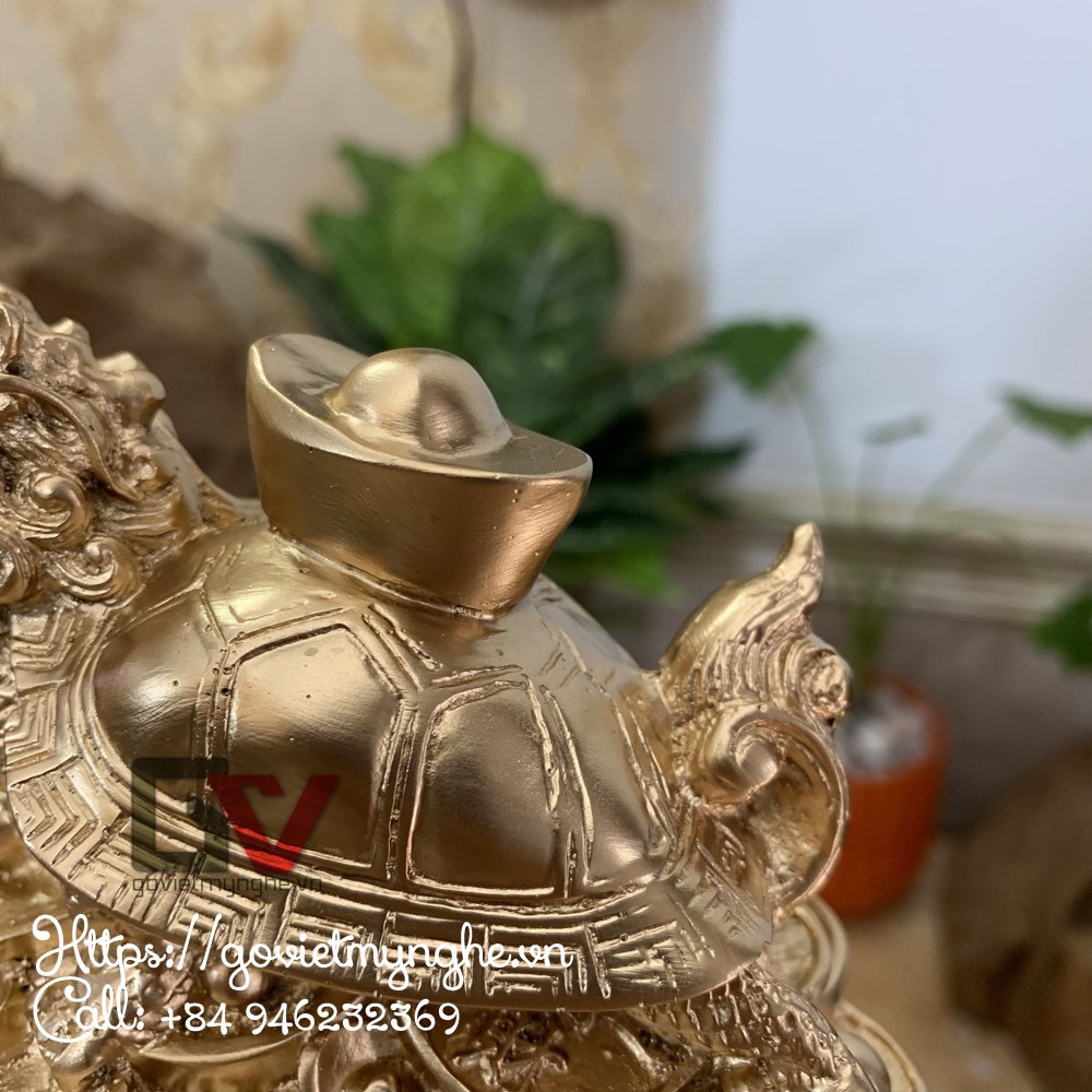 Tượng đá trang trí phong thủy long quy - Rùa đầu rồng cõng thỏi vàng - Chiều Cao 10cm - Màu nhũ đồng