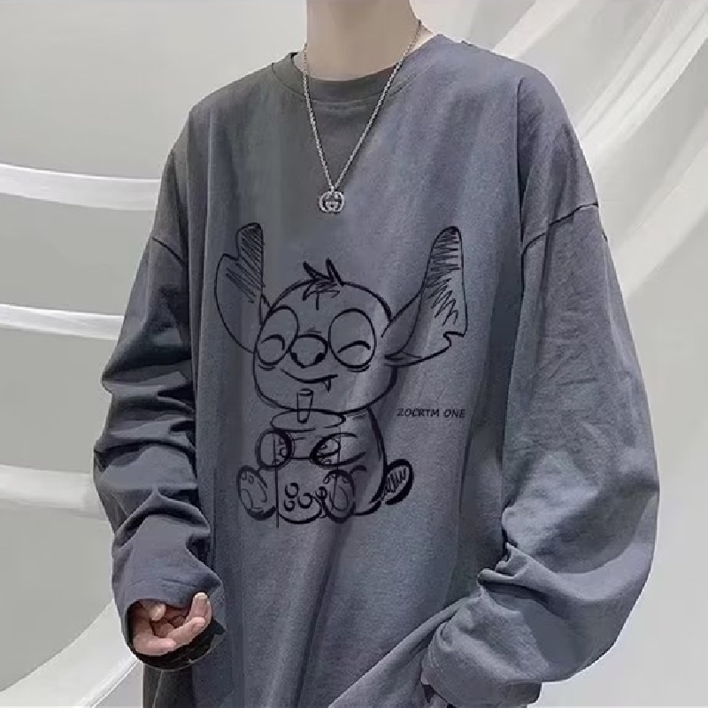 Áo Thun Tay Dài Cổ Tròn Dáng Rộng In Họa Tiết Hoạt Hình Phong Cách Hip Hop Nhật Bản Thời Trang Cho Nam size M-5XL