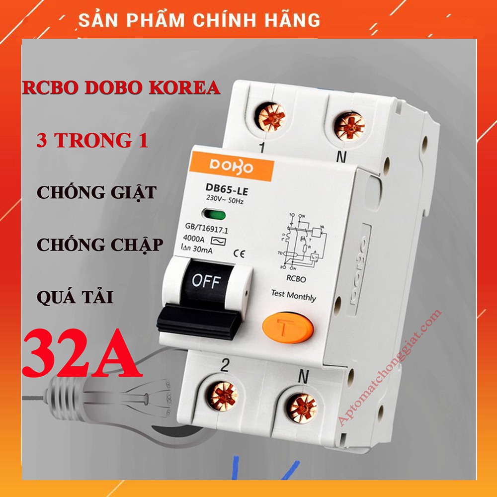 [HÀNG CHÍNH HÃNG] Cầu Dao Chống Giật 32A  RCBO DOBO KOREA đa năng - siêu nhạy 4kA 30mA (Aptomat chống giật)