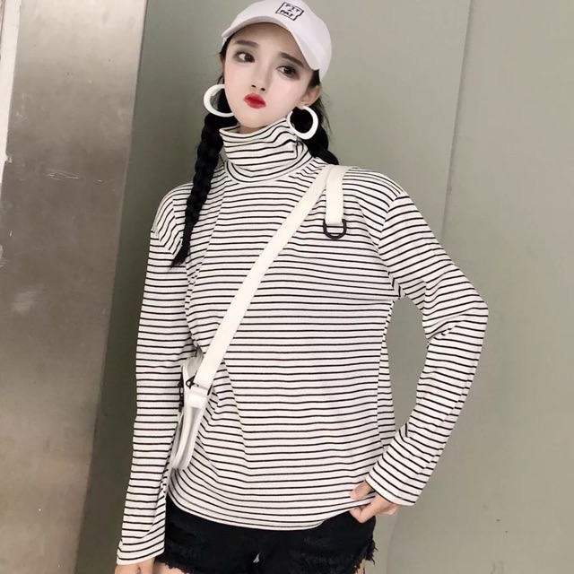 Aó thun Ulzzang áo chic màu đen và trắng sọc cao cổ áo dài tay nữ | BigBuy360 - bigbuy360.vn