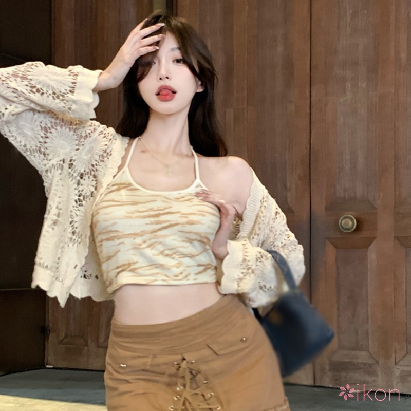 1 Bộ Áo Khoác Cardigan Dệt Kim + Áo Sát Nách Hở Lưng Kiểu Hàn Quốc Gợi Cảm