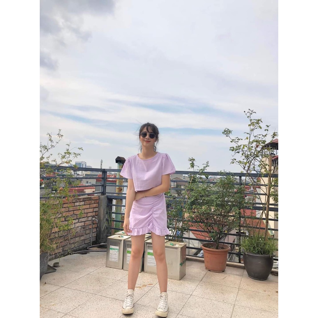 (VNXK) SET ÁO ĐŨI CROPTOP TÍM MIX CHÂN VÁY NỮ MÀU TÍM ĐUÔI BÈO - CHÂN VÁY ĐŨI ĐUÔI CÁ DÚM CHUN BÈO TÍM
