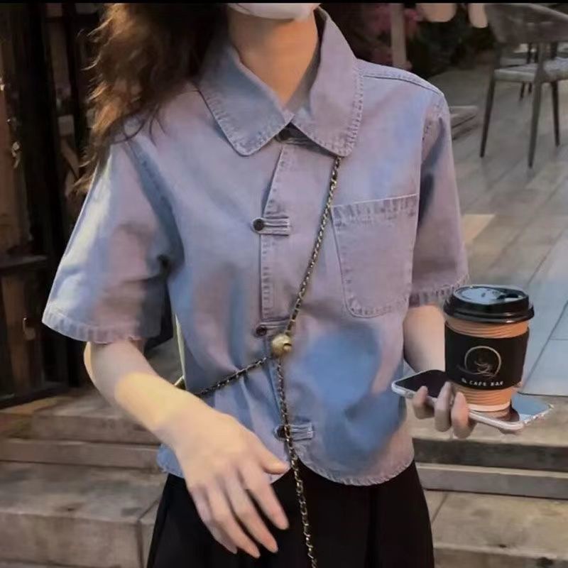 Áo Sơ Mi Denim Tay Ngắn Cổ Búp Bê Phong Cách Thời Trang Mùa Hè Mới Dành Cho Nữ
