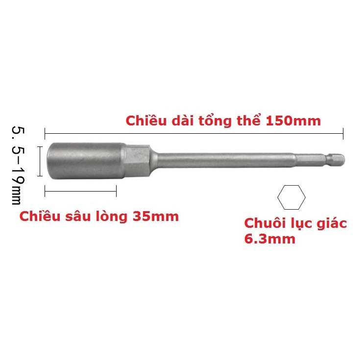 Đầu chụp,đầu bắn bu lông đủ cỡ từ 5.5mm đến 19mm  dài 80mm-150mm-250mm hàng Đài Loan