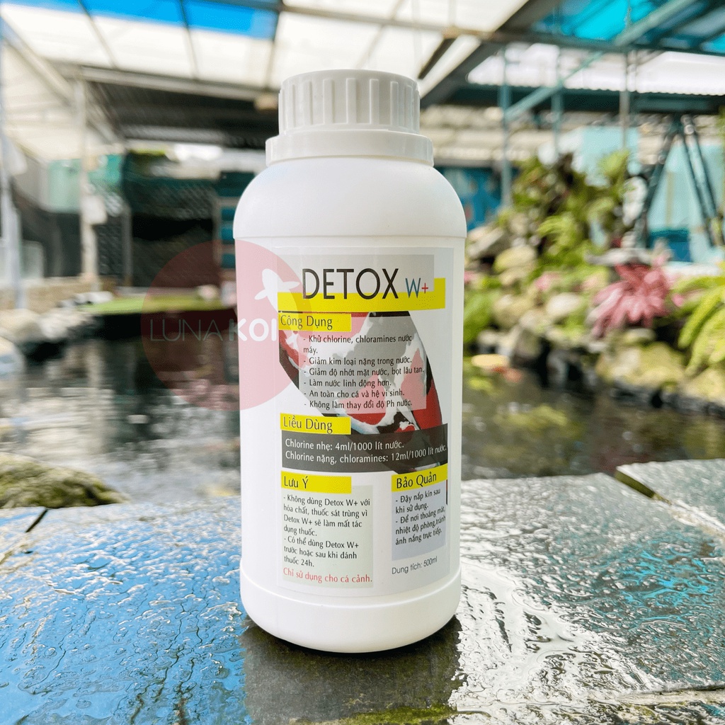 Detox W+ khử Clo nước máy, Clorine hồ cá Koi, hồ cá cảnh chai 500ml - Mua nhiều giá Sỉ