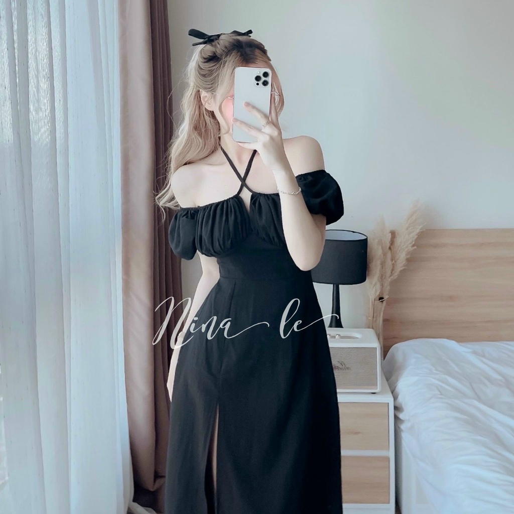 Đầm cổ yếm tay nơ xẻ tà (Có mút ngực) xinh xắn dịu dàng dạo phố, đi biển