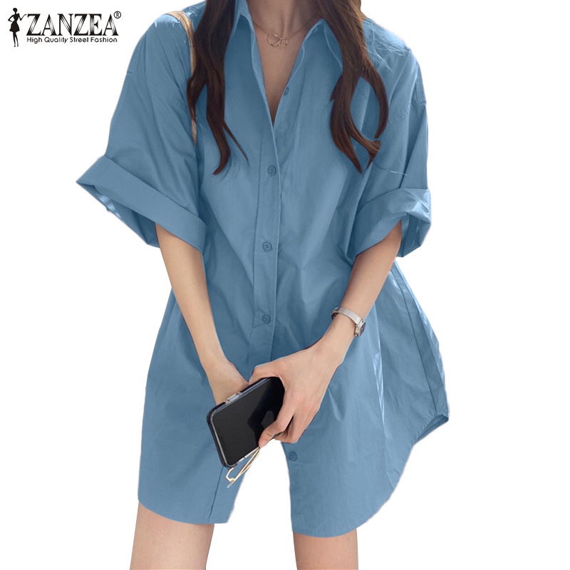 Áo sơ mi ZANZEA cổ chữ V tay lửng màu trơn gài nút thời trang cho nữ