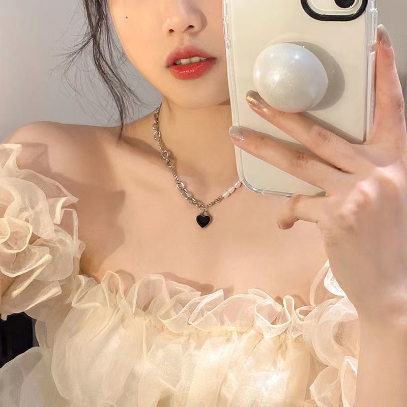 Vòng cổ ngọc trai IF YOU mặt hình trái tim màu đen / bạc / vàng kim phong cách Hàn Quốc