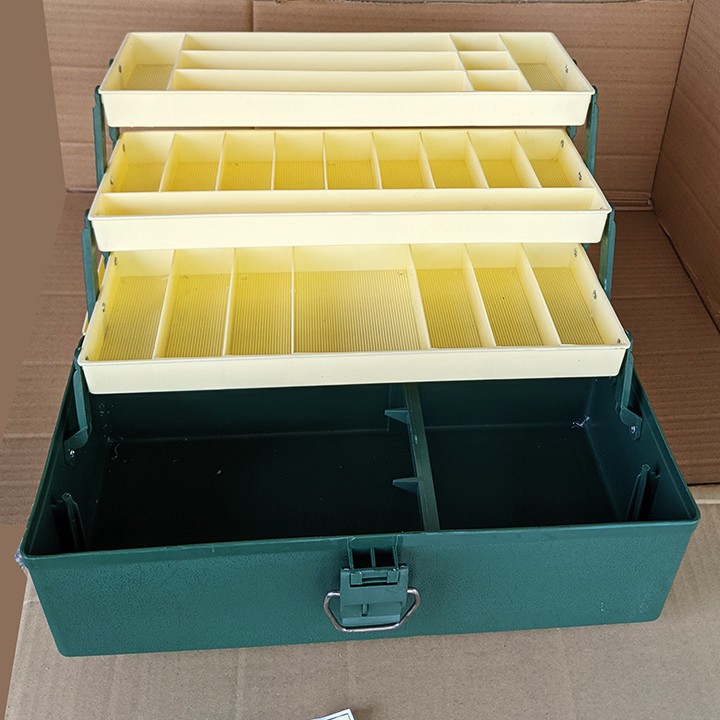 Hộp dụng cụ, thùng đựng đồ nghề 3 tầng xếp gọn, nắp màu kem, khóa cài, quai xách. Vách ngăn cố định. 41x20x20cm.
