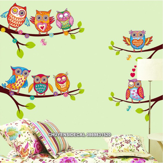 Decal trang trí tường - Cành Cây Cú Sắc màu 02