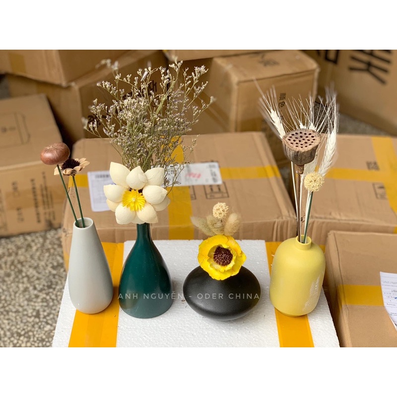 set 4 bình gốm kèm hoa khô