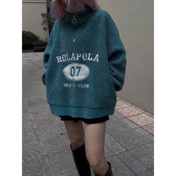 Áo Sweater Giả Lông Cừu Cổ Lọ Phối Khoá Kéo Cá Tính Trẻ Trung