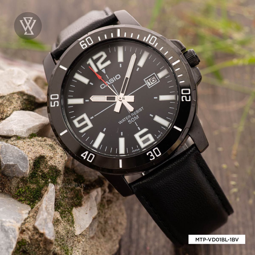 Đồng Hồ Quartz Nam Casio WATCHSTORE MTP-VD01BL-1BVUDF Mặt Kính Khoáng 45mm, Dây Da Đen Phong Cách Hiện Đại, Sang Trọng