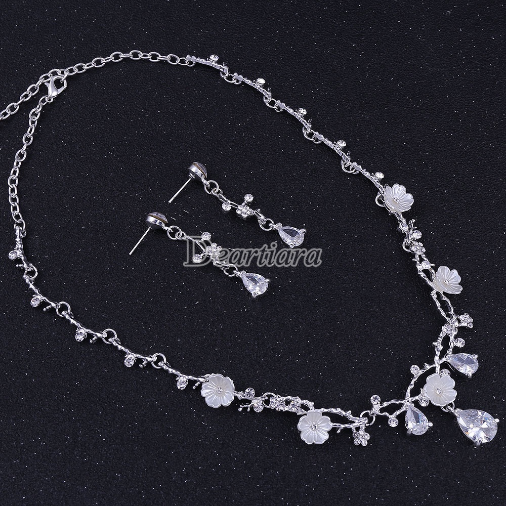 Bộ Vòng cổ Và Khuyên Tai Hình Hoa Đính Đá Zircon Thời Trang