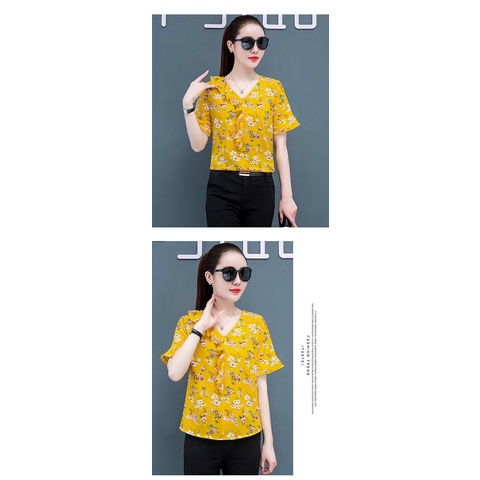 Áo Voan Tay Ngắn Cổ Chữ V In Họa Tiết Hoa Nhí Xinh Xắn Thời Trang Phong Cách Hàn Quốc Cho Nữ