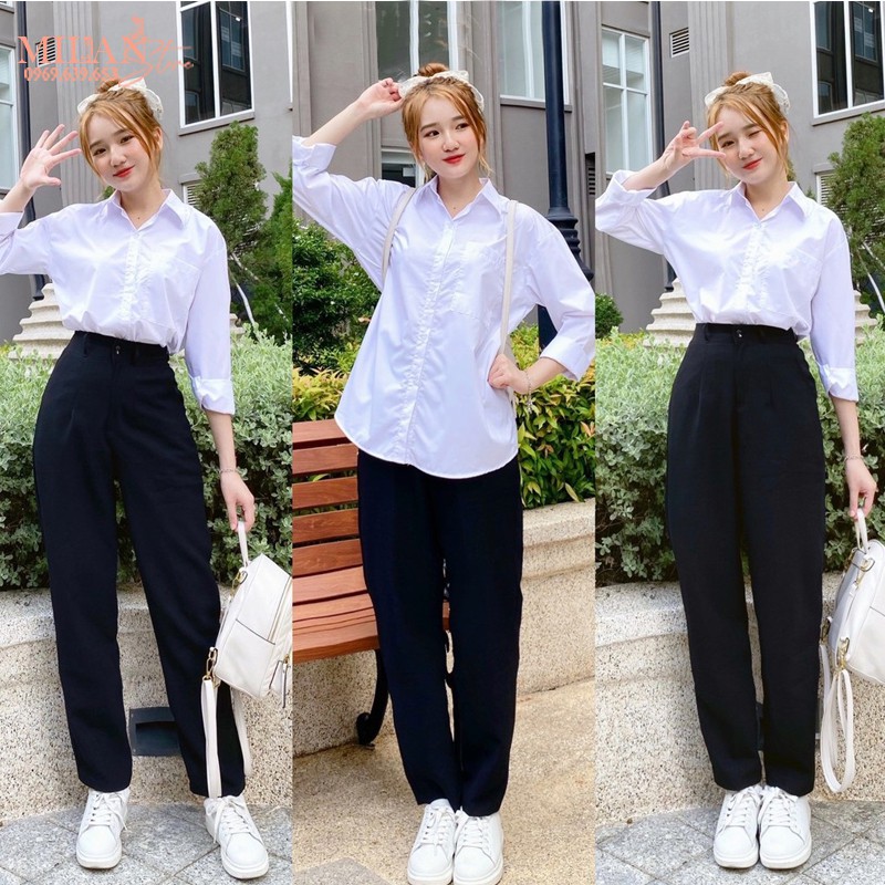 Áo sơ mi trắng đi học nữ tay ngắn túi ngực cổ bẻ basic form rộng vừa - Sơ mi đi học sinh nữ trắng cộc tay ngắn lỡ có túi