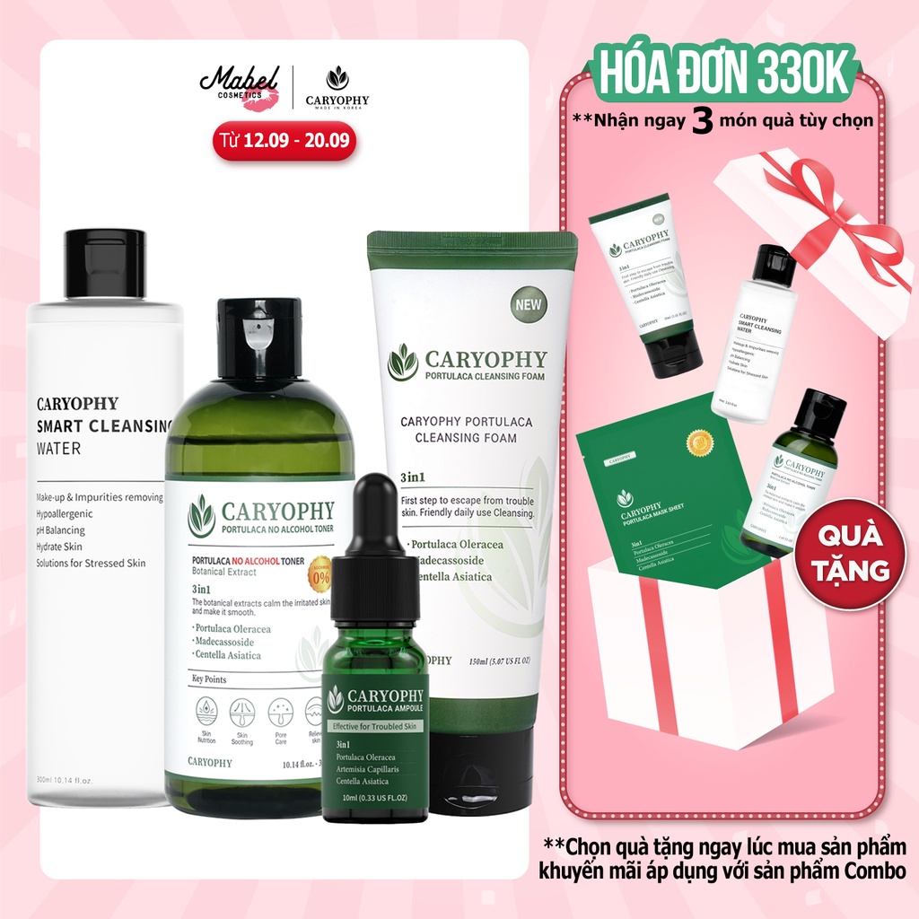 Bộ chăm sóc da giảm mụn mờ thâm Caryophy portulaca (tẩy trang 300ml sữa rửa mặt 150ml toner 300ml serum 10ml)