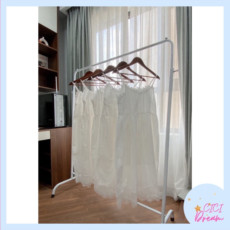 Đầm - váy hai dây trắng dài xòe phối ren tiểu thư babydoll , Đầm - váy 2 dây trắng phối ren hoa dài dáng xòe babydoll