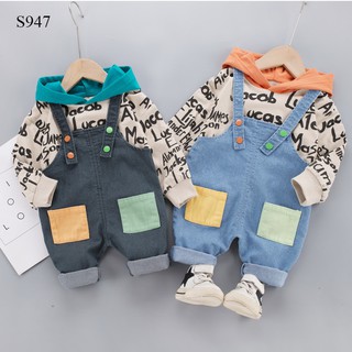 Set áo thun tay dài có nón kèm yếm jean túi 2 màu cho bé trai từ 1 2 3 4 tuổi MINTSCLOSET Mint's Closet